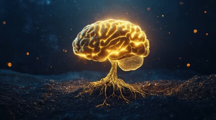 Fototapeta premium A bright brain made of golden light, with deep roots extending into the ground, symbolizing knowledge, stability, and growth.