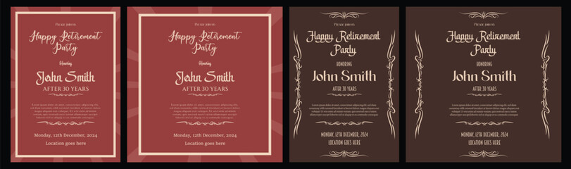 Set of retirement party invitation, square banner, instagram story and a4 poster, vector illustration Retirement Party Invitation Layout with Gold Accents Happy retirement Retirement party greeting