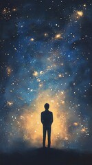 Obraz premium Man looking stars blue gold hues