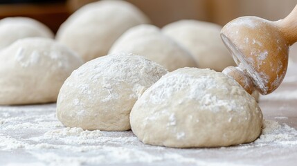 Fototapeta premium Fresh yeast dough balls dusted with flour are shaped using a wooden stamp on a bakery counter.