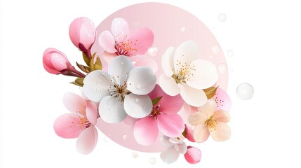 Floral Arrangement with Pink and White Blossoms on a Pastel Circle Delicate Botanical Illustration