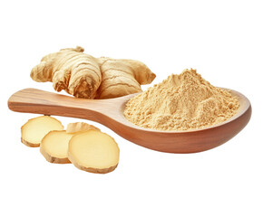 Fototapeta premium Fresh and Ground Ginger with Slices on Transparent Background for Herbal and Cooking Uses