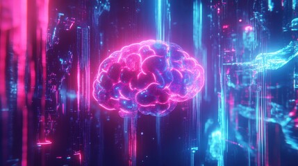 A cybernetic brain glowing with neon pink and blue, with digital streams flowing through it, representing mental growth.