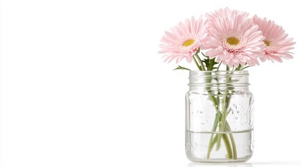 Fresh Pink Gerbera Daisy Blooms Displayed in Glass Jar a Delicate Floral Still Life Arrangement