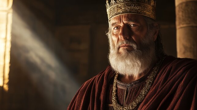 Portrait of King Solomon in royal robes and with a wise expression. Biblical representation of Solomon, known for his wisdom.