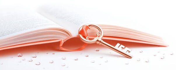 Knowledge Unlock Open Book With A Golden Key Resting On Top And Water Droplets All Around Concept Idea