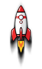Rocket launch in comic flat style. Business startup icon, web banner. Vector on transparent background.