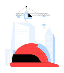 Red Construction Helmet With Crane And Cityscape In Flat Vector Illustration Symbolizing Engineering, Safety, And Urban Development, Isolated On White Background