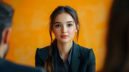Professional encounter woman in suit jacket with man in formal suit in office setting