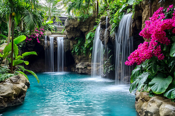 A photo of the interior of the Tabacón Grand Spa Thermal Resort's natural hot springs in Costa Rica, taken from inside an outdoor pool with waterfalls and lush greenery