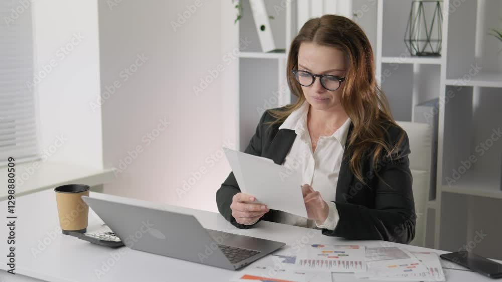 Poster a business professional engaged in analyzing various documents within a contemporary office environm
