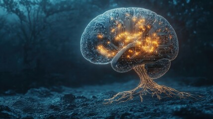 A glowing brain with delicate roots intertwined with digital circuits, representing a fusion of AI and human intelligence.