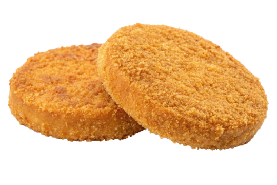 Two golden brown, round, breaded frozen fish cakes. white background