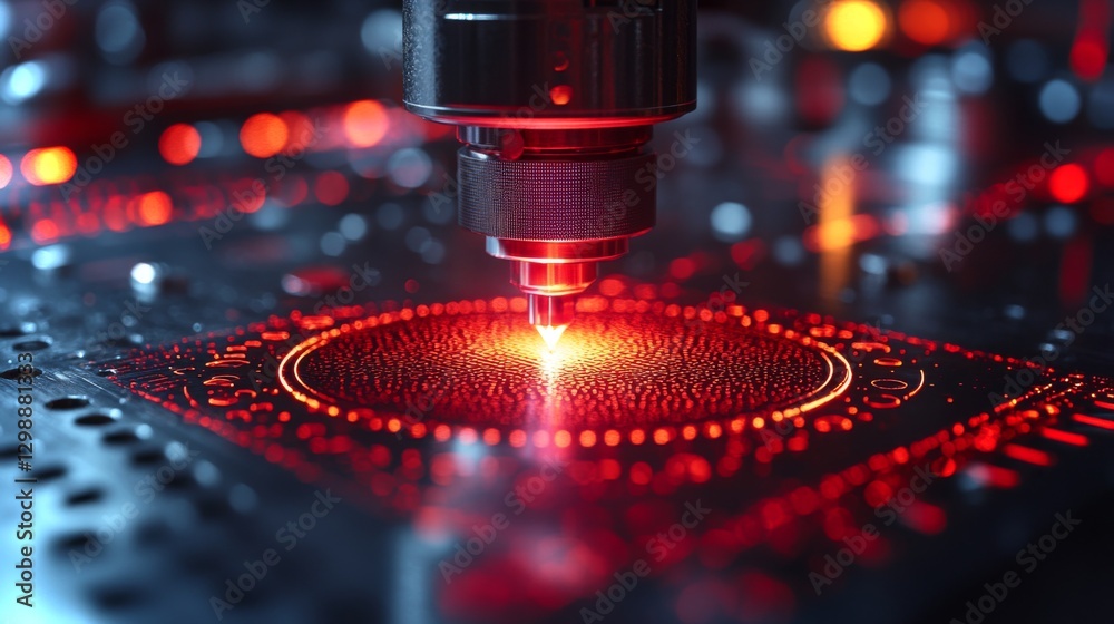 Poster a laser cutter operates on a metal surface, showcasing precision engineering and automation in a mod