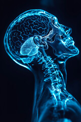 発光する脳と頭蓋骨のX線イメージによる科学的ビジュアル
