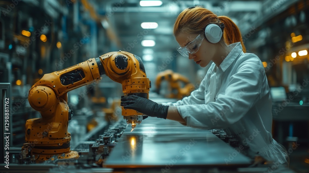 Aufkleber a technician wearing protective gear operates a robotic arm in a state-of-the-art manufacturing faci