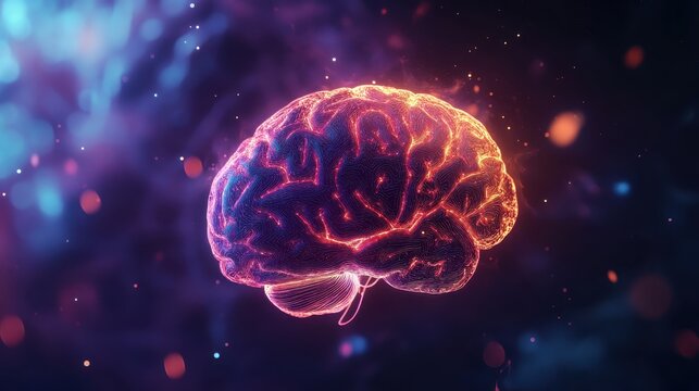 A holographic neon brain floating in a dark space, its glowing pathways representing deep thinking and creativity. - Powered by Adobe