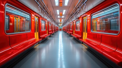 Empty Subway Car Interior with Red Seats and Yellow Doors