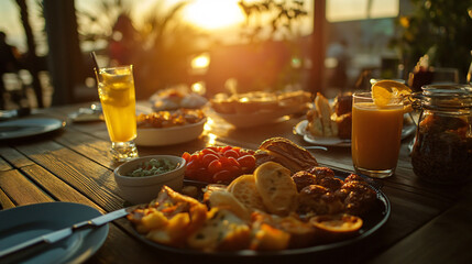 A beautifully arranged outdoor dinner table with various dishes and drinks, illuminated by a warm sunset.