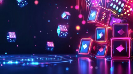 Casino or nightclub party border, neon glow frames, dark background, realistic 3D vector, shine laser banner