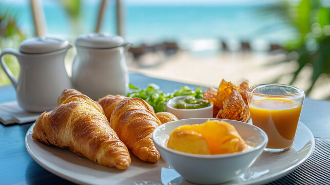 A delectable breakfast spread featuring croissants, fruit, and juice, set against a serene beachfront backdrop.