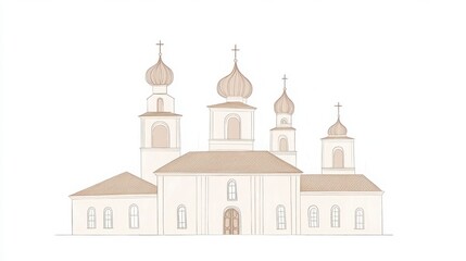 Obraz premium Beige And Off White Church Illustration With Multiple Domes And Towers Including Architectural Details And Religious Iconography. Suitable for Prints, Posters, or Digital Art Projects. Illustration