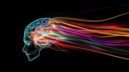 A radiant neon brain with streaming light trails, symbolizing the fast-paced nature of intelligence and mental agility.