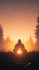 Person campfire glowing orange mist