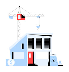 Obraz premium Tower Crane Building A Modern House In Flat Vector Illustration Symbolizing Real Estate Development, Construction Progress, And Urban Growth, Isolated On White Background.