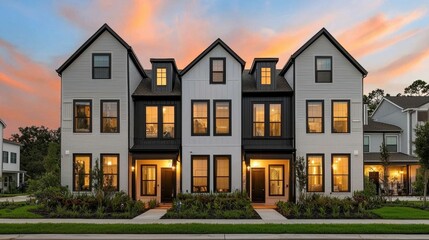 A modern townhouse with multiple stories, large windows, and a vibrant sunset backdrop, showcasing contemporary architecture and inviting ambiance.