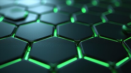 A close-up view of a hexagonal pattern with glowing green highlights on a dark, reflective surface, showcasing a modern technological aesthetic.