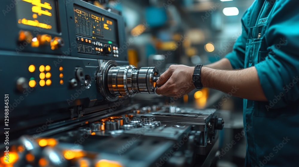 Fototapete A technician is actively engaged in operating advanced machinery within a busy manufacturing workshop. The workspace is equipped with automated systems designed to enhance safety and efficiency.