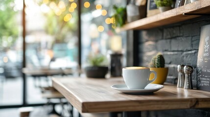 Fototapeta premium A cozy cafe scene featuring a white cup on a wooden table, surrounded by plants and warm lighting, creating a welcoming ambiance.