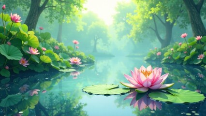 Serene Water Lily in a Misty Forest Pond, Reflecting Tranquility and Natural Beauty