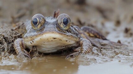 Obraz premium Unique Mudskipper resting on a wet muddy bank its bulbous eyes protruding from its head gills adapted to both land and water environments