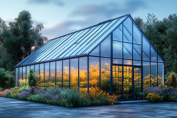 A modern greenhouse surrounded by vibrant flowers and greenery, showcasing the beauty of nature. Ideal for gardening, sustainability, and plant enthusiasts.