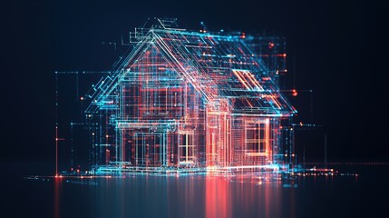 A digital representation of a house with vibrant circuitry and neon colors, symbolizing technology and innovation in architecture.