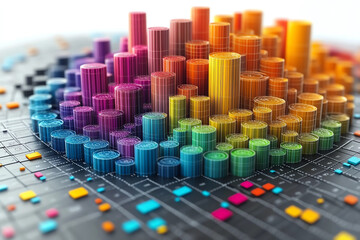 A vibrant 3D visualization of data represented through colorful columns and graphs, illustrating the concept of data analysis and digital insight.