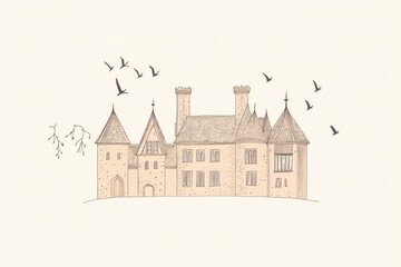 Fototapeta premium Beige Castle Illustration With Flying Birds Sketchbook Illustration With Flying Birds Simple Castle Illustration With Birds Vintage Illustration Of Castle With Birds Beige Castle Drawing With