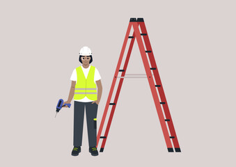 With a warm smile, a skilled engineer wearing a safety helmet and vest is poised for action next to a bright red seven-step ladder, ready to tackle the day's challenges at a construction site