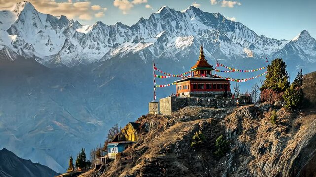A monastery perched on a mountain ridge with snow-capped peaks in the background under a clear blue sky