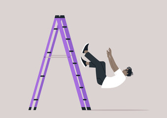 Unexpected tumble as a person loses their balance while attempting to descend from a ladder