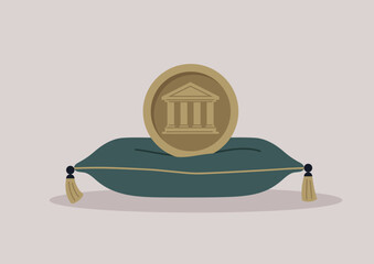 A plush green cushion cradles a golden coin emblazoned with a classic bank building, representing wealth and security in a calm, tranquil environment that inspires confidence