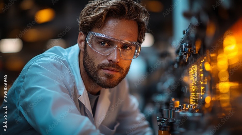 Poster A skilled engineer examines complex automation machinery in a busy manufacturing plant, ensuring efficiency and safety protocols are followed, as warm lights glow from the equipment.
