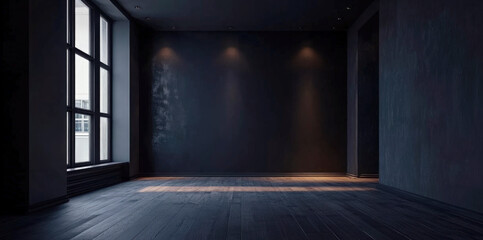 Fototapeta premium A dark, minimalist empty room with large windows and soft lighting creates a moody, modern atmosphere, highlighting architectural simplicity and space design.