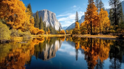 Fototapeta premium A stunning autumn landscape featuring vibrant orange trees reflected in a calm lake, with majestic mountains under a clear blue sky.