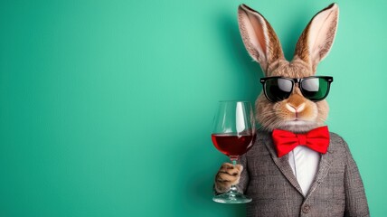 A stylish rabbit in sunglasses and a bow tie holds a glass of red drink against a vibrant teal background, Easter