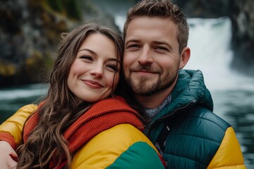 Fototapeta premium A romantic couple standing on a bridge, admiring a waterfall in the distance