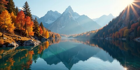 Obraz premium Autumnal Serenity A Mountain Lake Reflecting Golden Trees and Sunlit Peaks