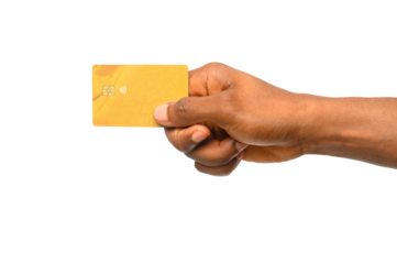 A close-up of a hand holding a yellow debit card, symbolizing modern banking, digital payments, and financial transactions in a cashless economy.